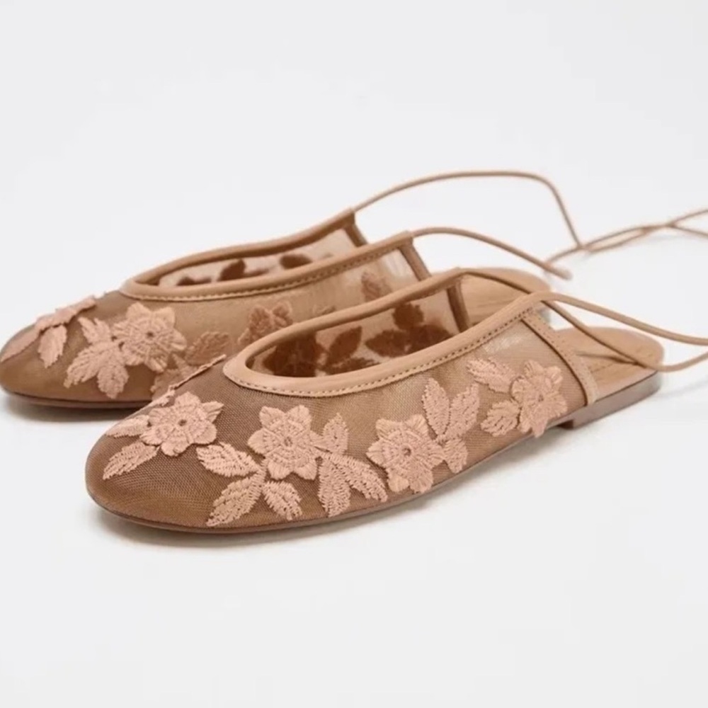 Zara Tan Floral Mesh Ballet Flats